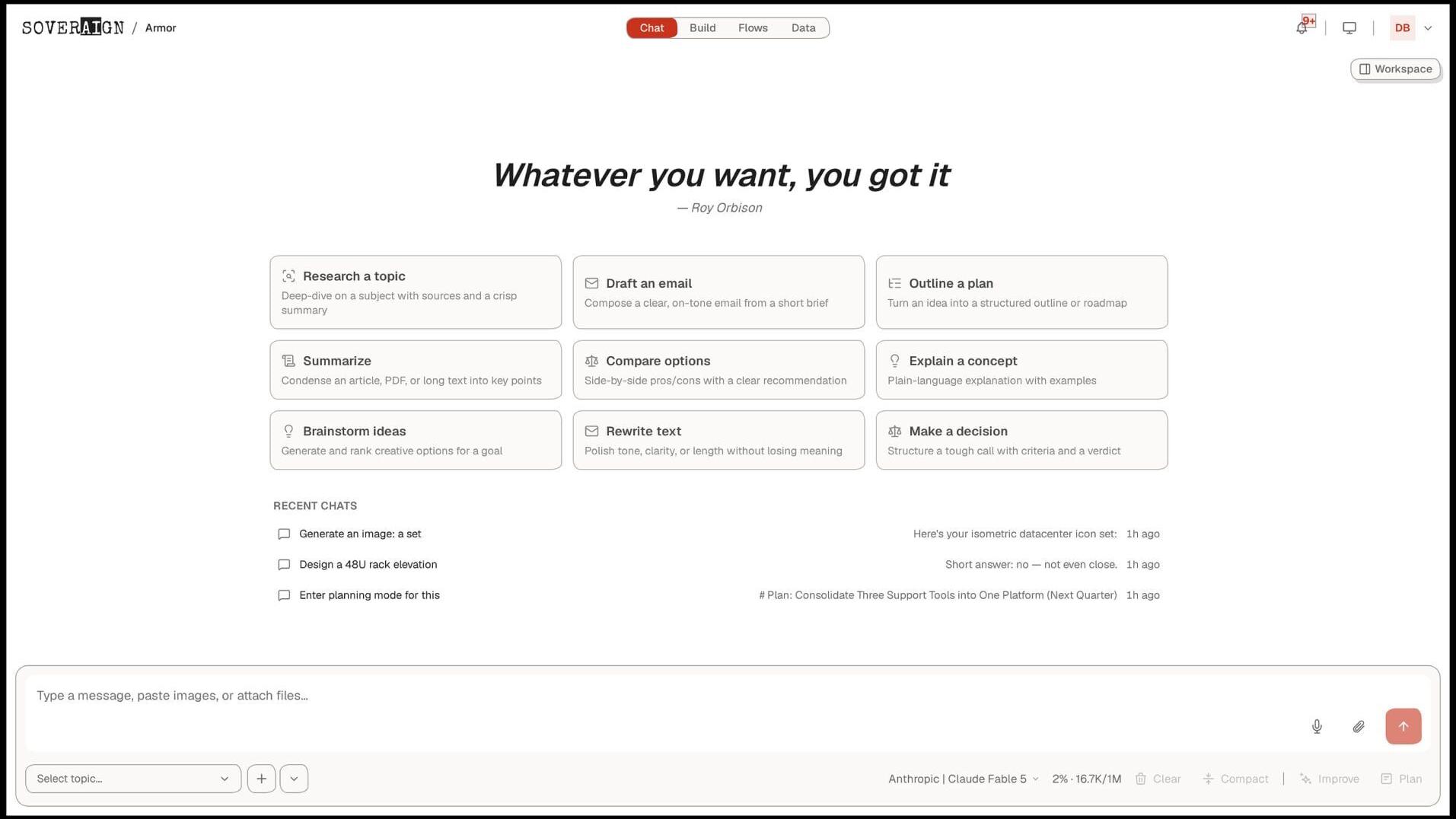 Every employee gets a safe front door to AI. Chat on day one: quick starts, recent work, and every model behind one governed composer.