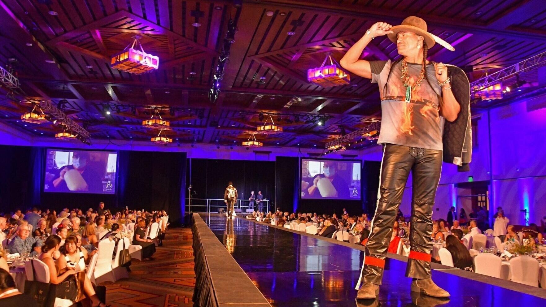 Actor/ Model Gene Brave Rock 2025 SWAIA Gala runway Photo: © Charles Montoya for SWAIA
