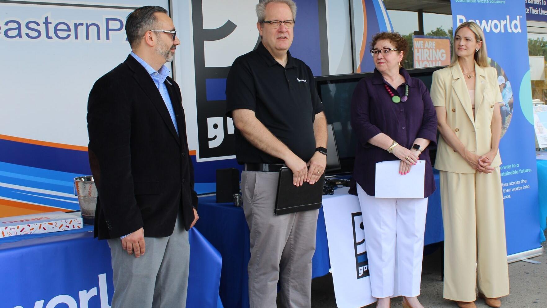 Reworld® and Goodwill Industries of NEPA Celebrate the Electronics Waste Partnership Kickoff. Pictured from Left to Right: Leo Russo, Representing Congressman Rob Bresnhan’s Office; Gordon Burgoyne, Business Manager of Electronics Recycling, Reworld; Ka...
