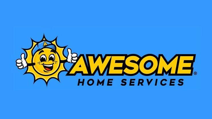 Awesome Home Services company logo on a blue background, featuring a yellow cartoon sun wearing a blue baseball cap.
