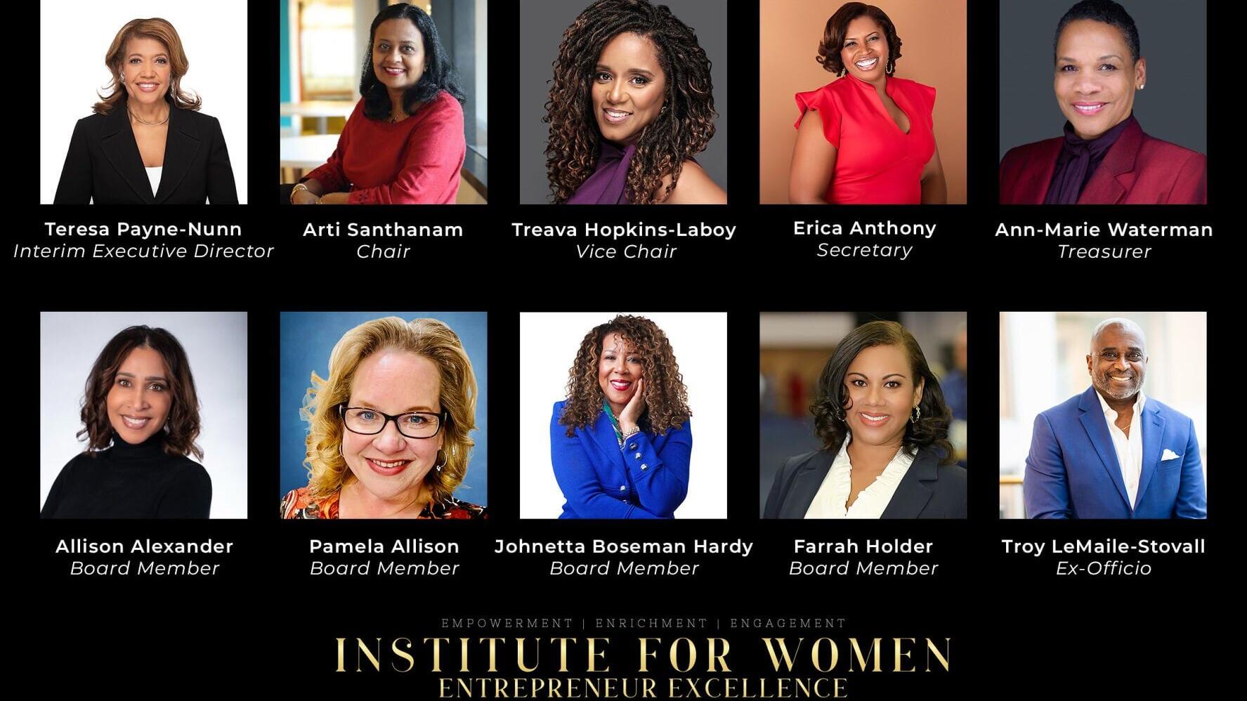 A full list of the IWEE board members includes chair Santhanam, Applied Neurons; vice chair Hopkins-Laboy, EEO Services LLC; secretary Anthony, Morgan State University; treasurer Waterman, Coppin State University; Allison Alexander, The Marathon Fund; P...