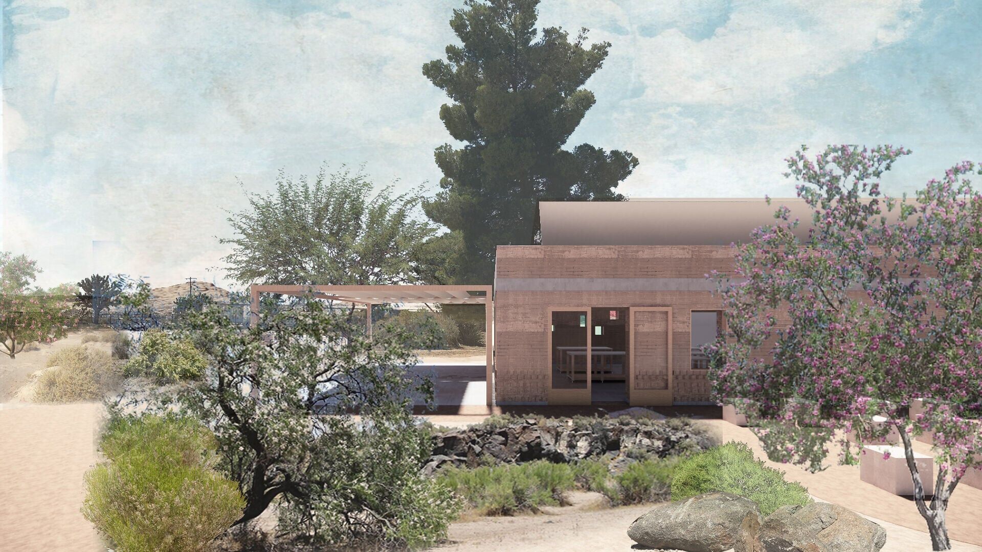 Rendering of Yucca Valley Material Lab’s planned Sustainable Studio, a fully accessible, all-electric adobe arts facility in California’s Mojave Desert. Designed by Terrain. Rendering courtesy of Terrain.
