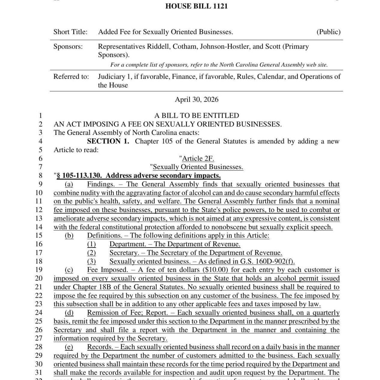 FNF - NC - Added Fee for Sexually Oriented Businesses House Bill 1121
