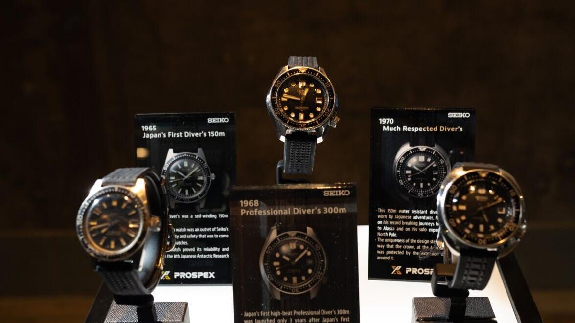 Seiko’s first diver’s watch and heritage divers on display.