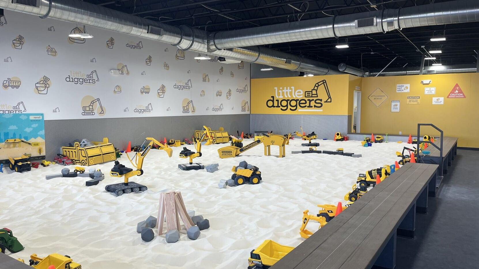 Little Diggers offers 1,200 square feet of sandbox space filled with more than 200 toys, trucks, and excavators, including the brand's custom-designed Sand Stacker.