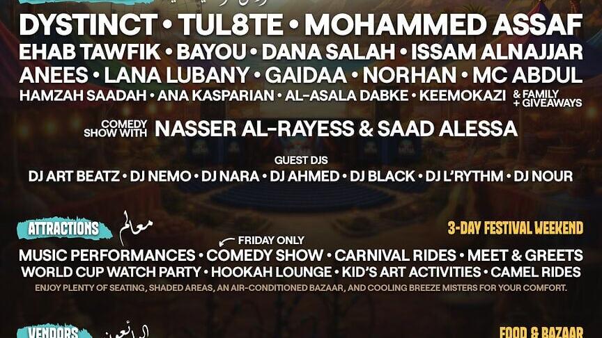 Come join us June 19-21 at the OC Fairgrounds for the OC MENA Festival. Enjoy 3 days of Live Music, Food, Rides, Hookah, Shopping, FIFA World Cup 26 watch party, Vibes, and more! Secure your tickets at ocmenafestival.com!