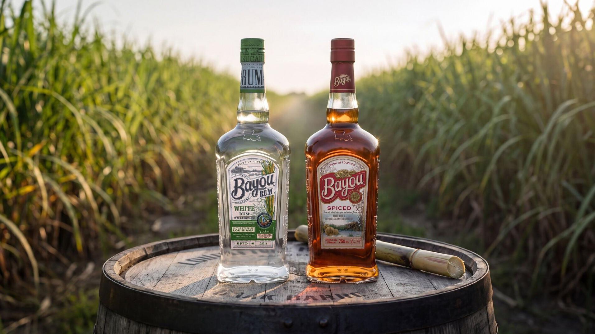 Bayou White and Bayou Spiced on a barrel in the sugarcane field