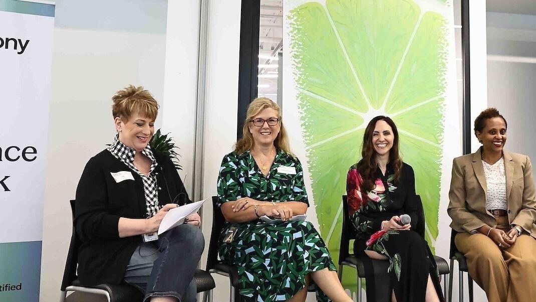 From left to right: On Tuesday, July 7, Synchrony leaders Theresa Kraus (moderator; SVP, Client Development and Sales Governance), Kelli Nesseth (SVP and GM), Marisa Diiorio (SVP, HR—Technology &amp; Operations) and Fanaye Taye (SVP, HR) joined Kristin Gall...