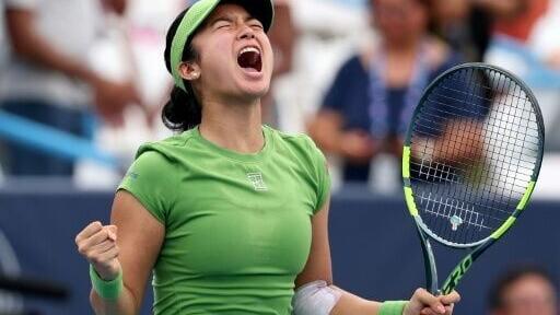 Alexandra Eala of the Philippines celebrates after defeating Japan's Naomi Osaka to reach the women's final at the WTA and ATP Washington Open