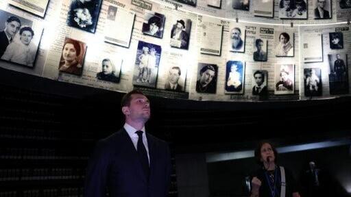 French National Rally leader Jordan Bardella visits the Yad Vashem Holocaust Memorial in Jerusalem on March 26, 2025