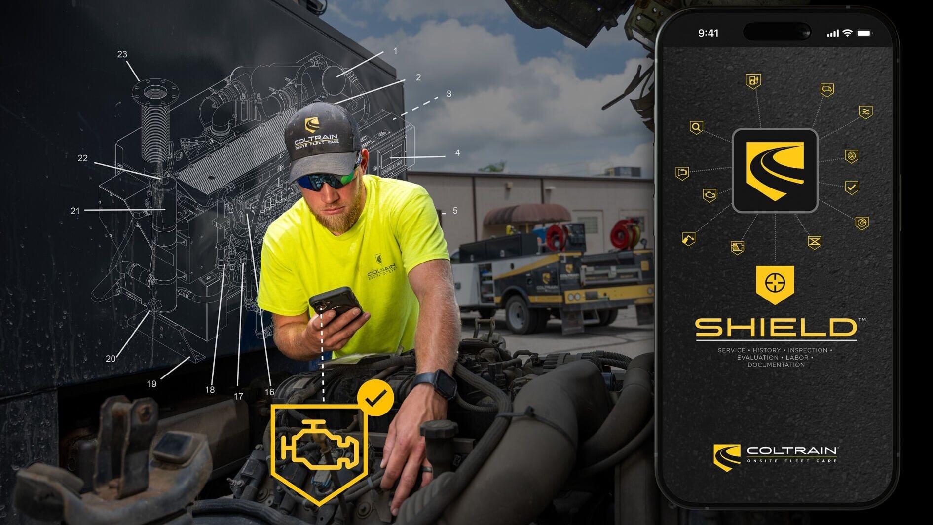 A Coltrain Onsite Fleet Care technician uses SHIELD™ to capture and report data during a preventive maintenance inspection.
