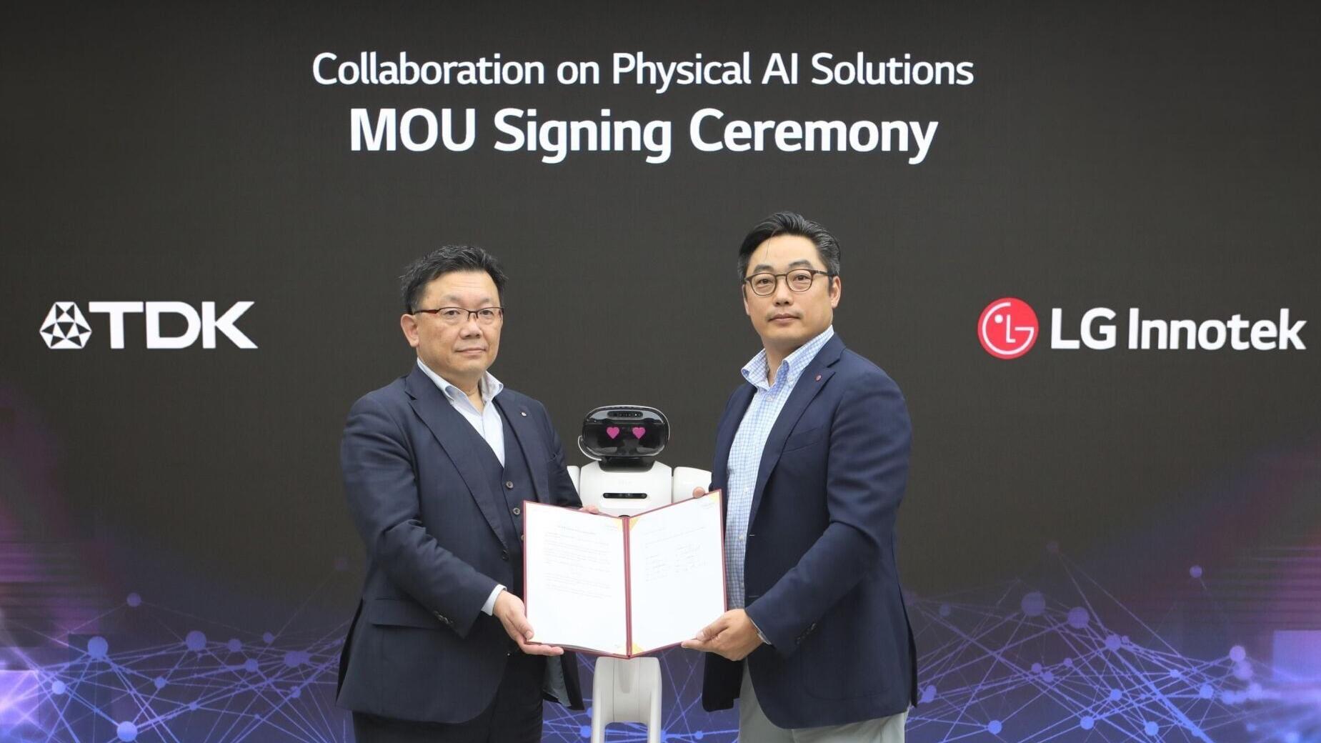 [Photo] John Min, LG Innotek CTO (right), and Shuichi Hashiyama, TDK CTO, pose for a commemorative photo at the signing ceremony of a Memorandum of Understanding (MOU) for cooperation in developing physical AI solutions, held at LG Innotek’s headquarter...