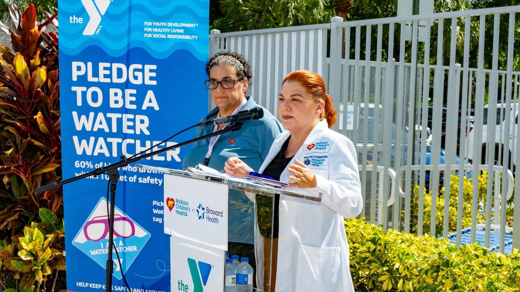 Malvina Duncan, RN, Nicklaus Children’s Hospital Injury Prevention Coordinator &amp; SAFE KIDS Miami-Dade Coordinator (right), along Laurie Garcia, RN, MSN, Nurse Manager, PICU at Nicklaus Children's Hospital Fort Lauderdale (left), address the media during...
