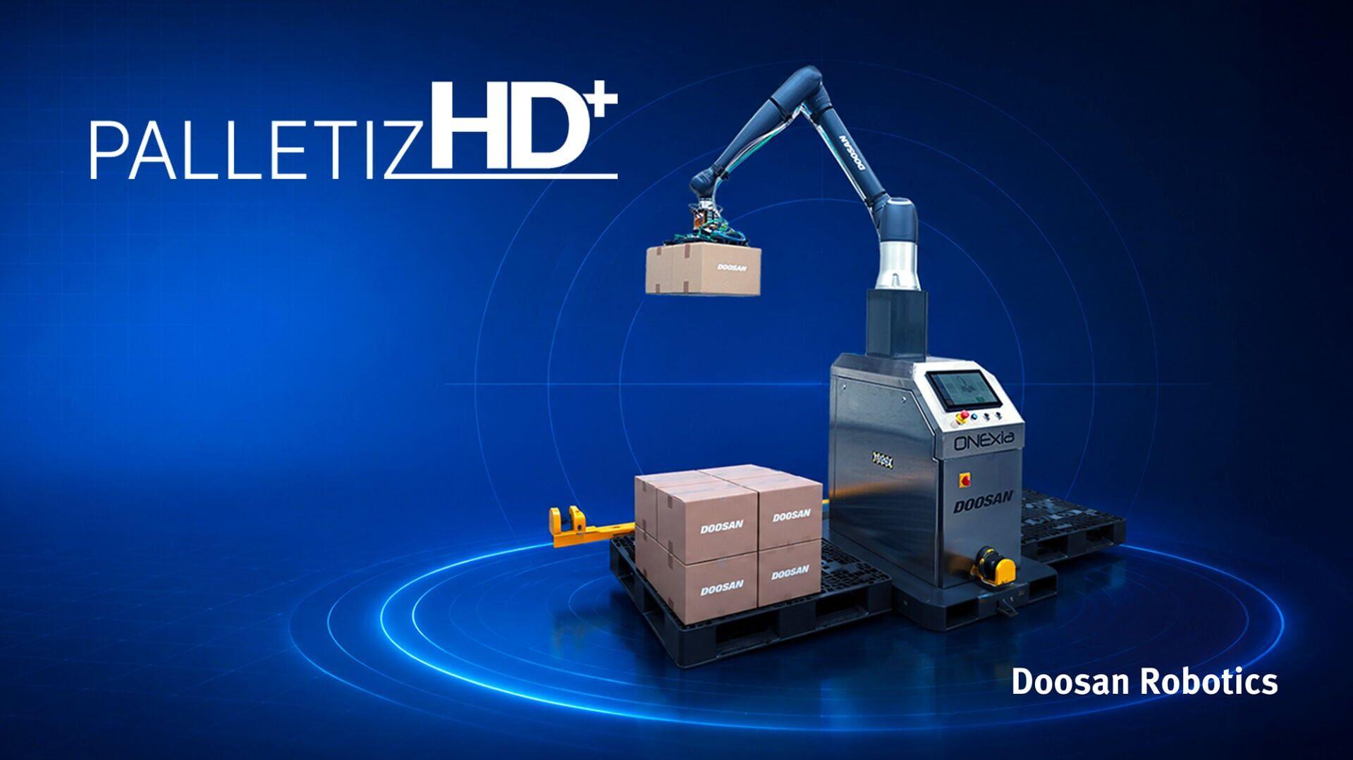 Doosan Robotics showcasing PalletizHD+, an AI-powered palletizing solution, at Automate 2026