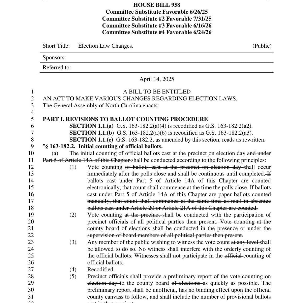FNF - NC - Election Law Changes House Bill 958