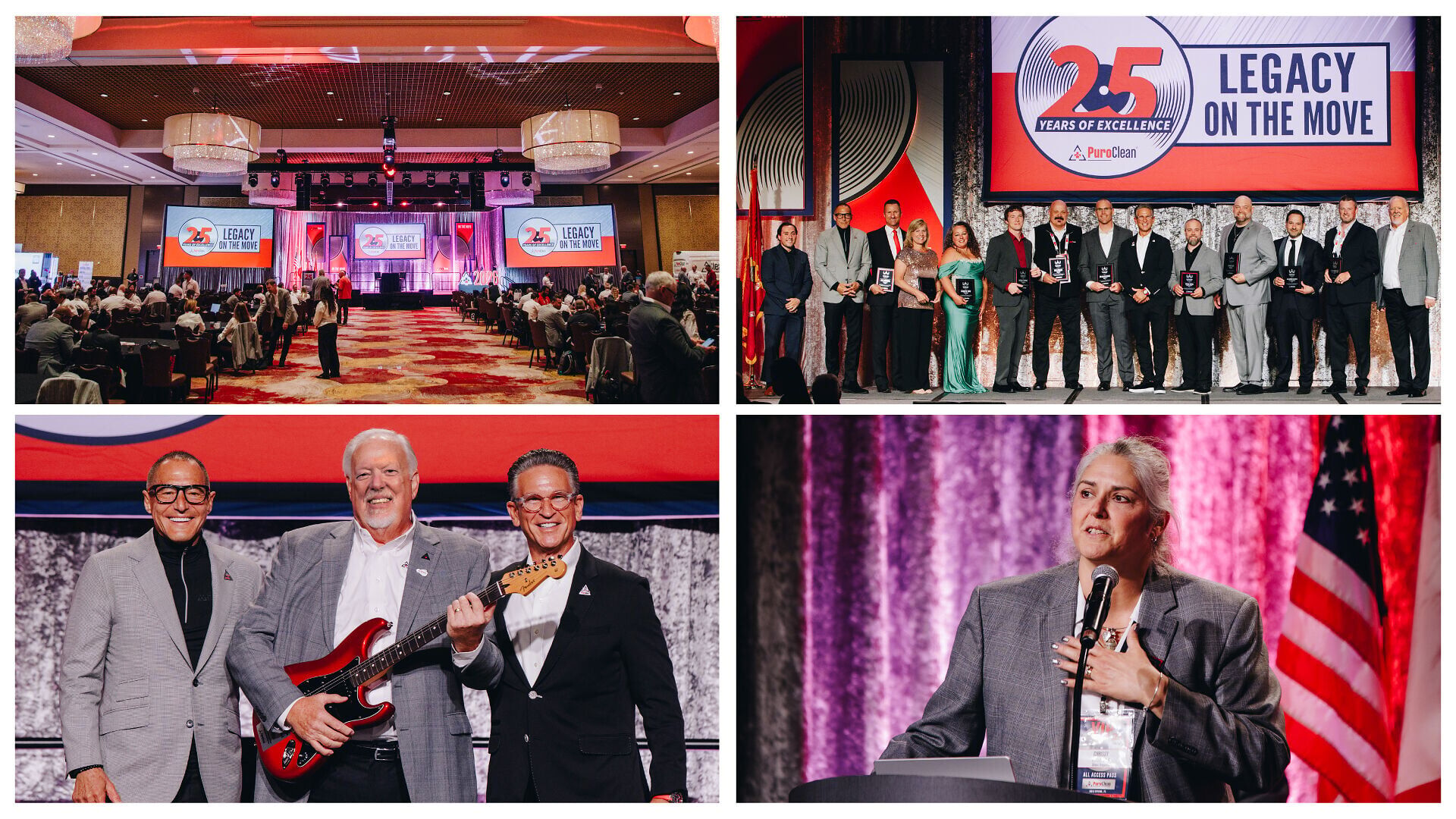 Top L-R: A view of the main ballroom at Convention; PuroClean Leadership with our 2025 Brand Ambassadors. Bottom L-R: Steve White receiving his Rock Star Award, flanked by l-r: Frank Torre, Vice Chairman, and Mark W. Davis, Chairman &amp; CEO; Chrissy Vande...