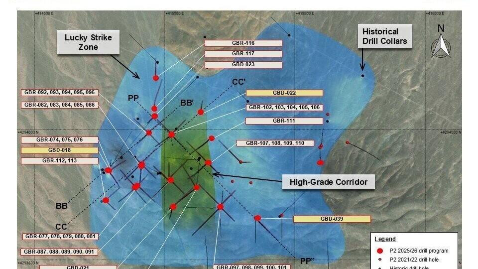 Lucky Strike Zone Plan View July 6, 2026 (CNW Group/P2 Gold Inc.)