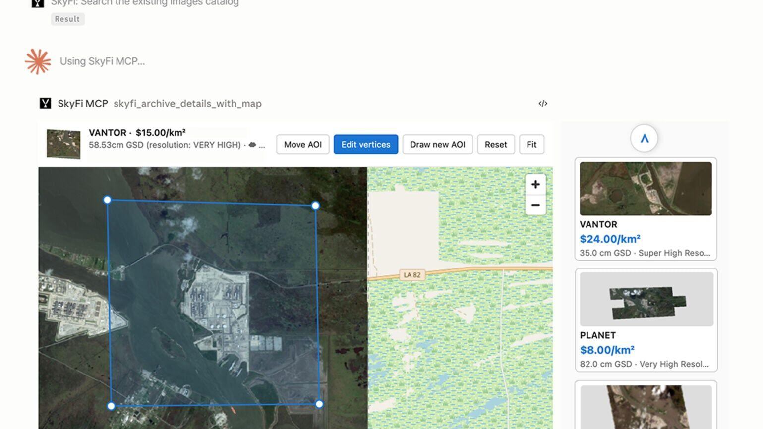 Screenshot demonstrating how SkyFi users can search for and purchase satellite imagery using their preferred AI platform.