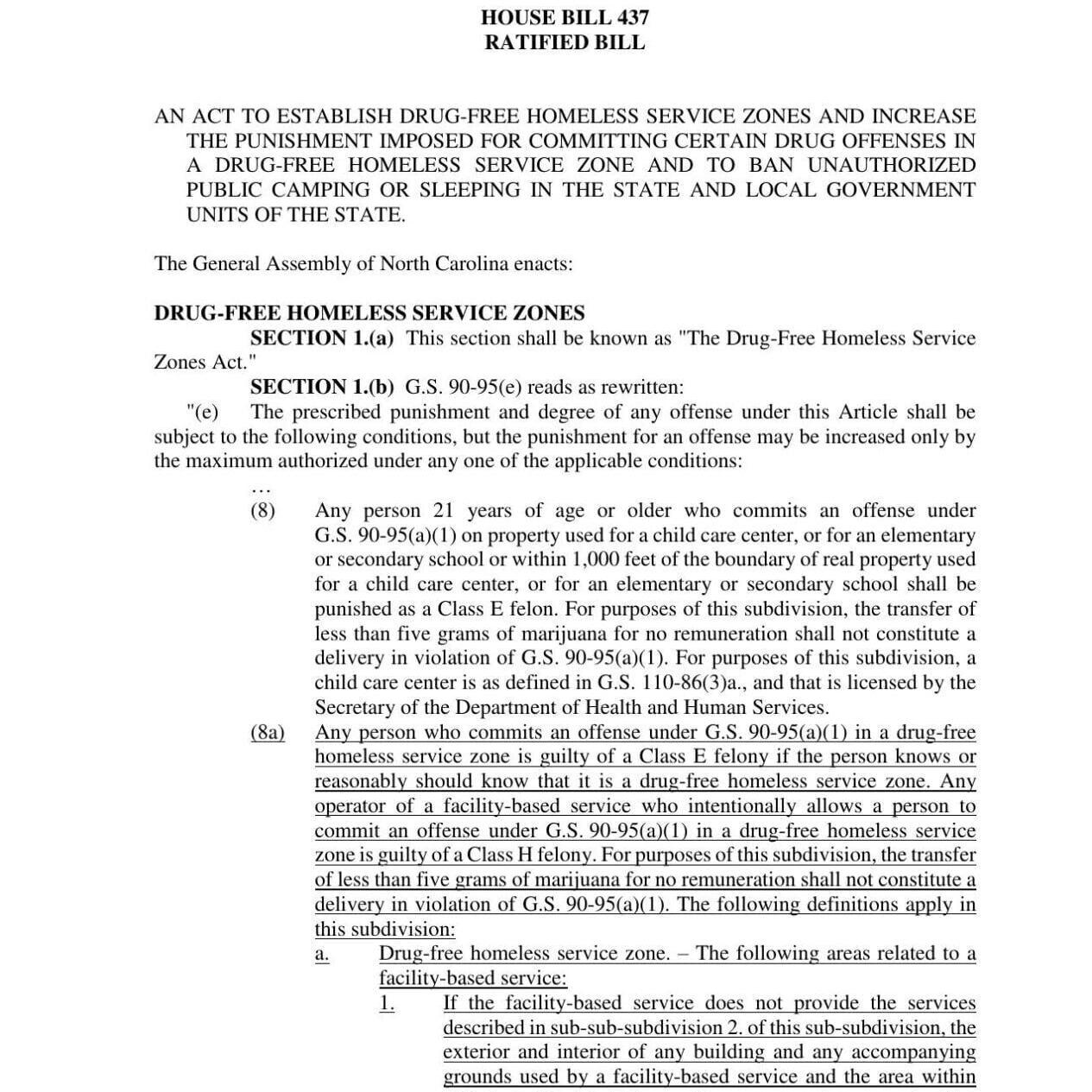 FNF - NC - Drug-Free Zones:Unauthorized Public Camping House Bill 437