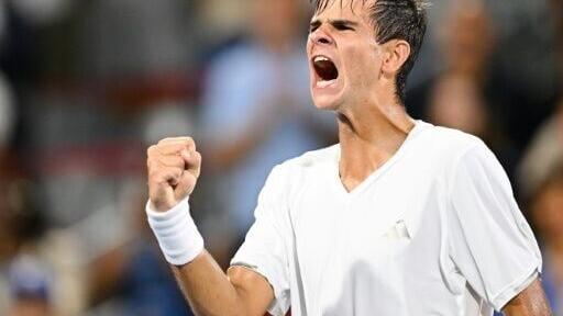 Rafael Jodar of Spain celebrates a fourth-round victory over Czech eighth seed Jiri Lehecka at the ATP Montreal Masters tournament