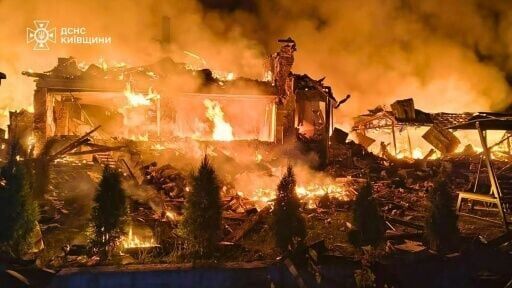 Buildings burn following Russian missile strikes on the Kyiv region, in an image released by Ukrainian officials