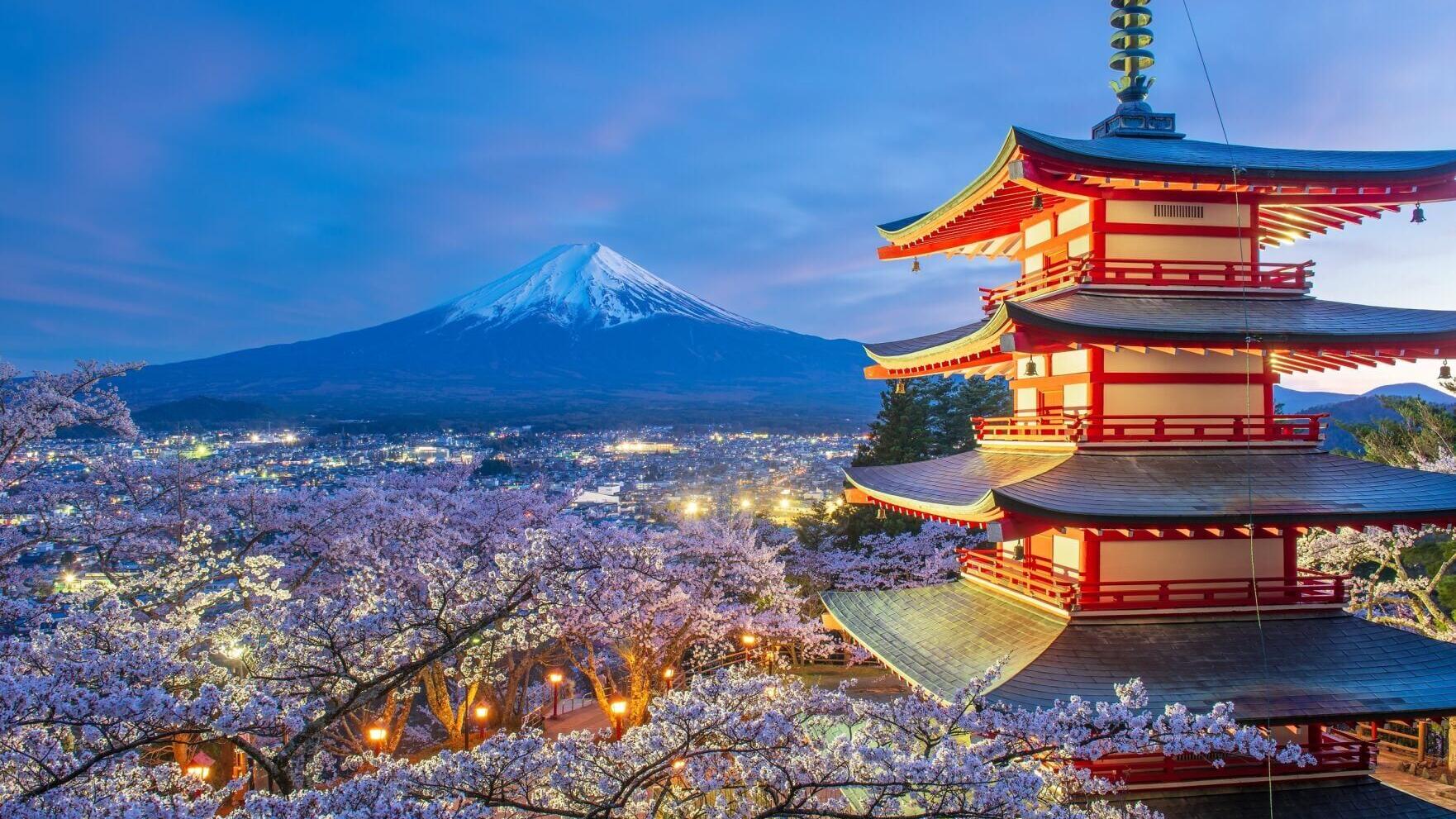 Asia is a popular region for luxury travelers booking a 2027 vacation. Above is the Chureito Pagoda in Fujiyoshida, Japan, and Mount Fuji. Photo by Shutterstock.