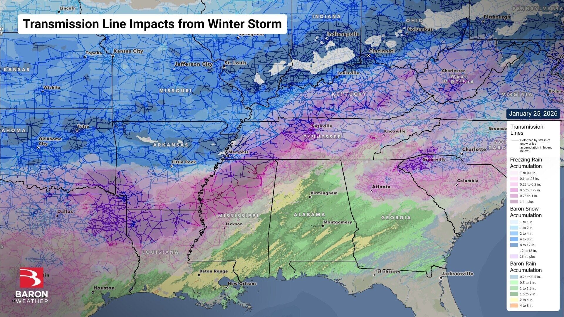 Overlaying real-time weather data with your asset locations turns forecasts into foresight. This Baron Weather visualization of the historic January 25, 2026 winter storm illustrates the critical intersection between freezing rain accumulation and trans...
