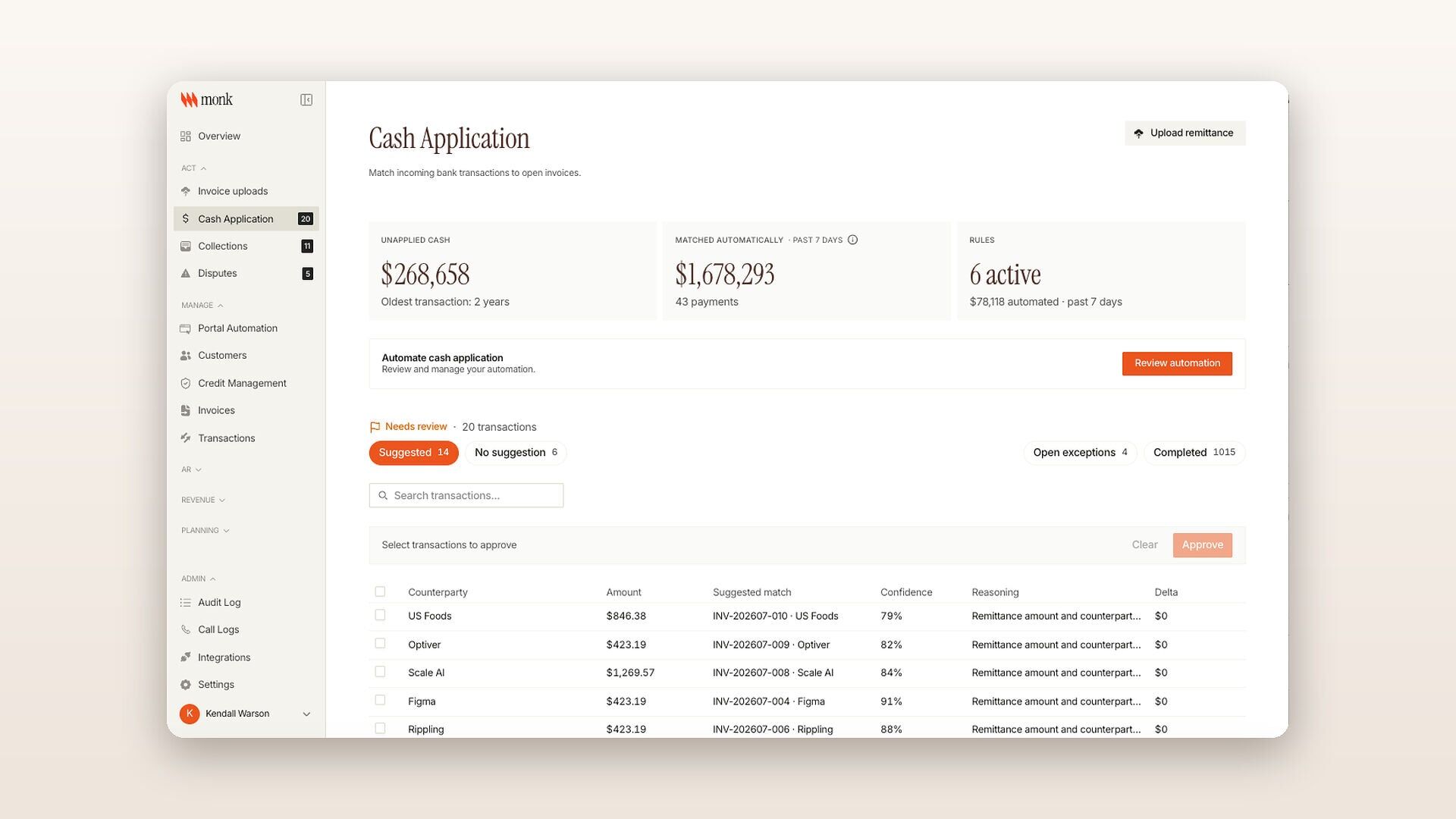 See the Cash Application 2.0 Module at Monk with 90% matching accuracy