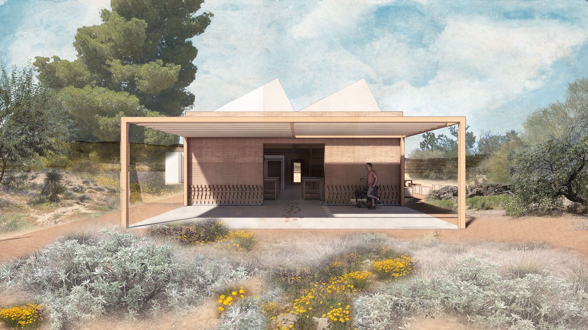 Rendering of Yucca Valley Material Lab’s planned Sustainable Studio, a fully accessible, all-electric adobe arts facility in California’s Mojave Desert. Designed by Terrain. Rendering courtesy of Terrain.