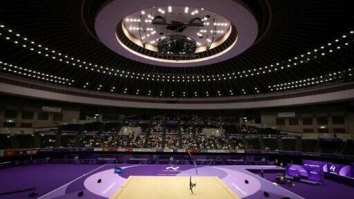 Uzbekistan’s Lola Djuraeva competes in the individual ribbon of the rhythmic gymnastics qualification round during the 2026 Asian Games at the Nagoya General Gymnasium in Nagoya on October 1, 2026.