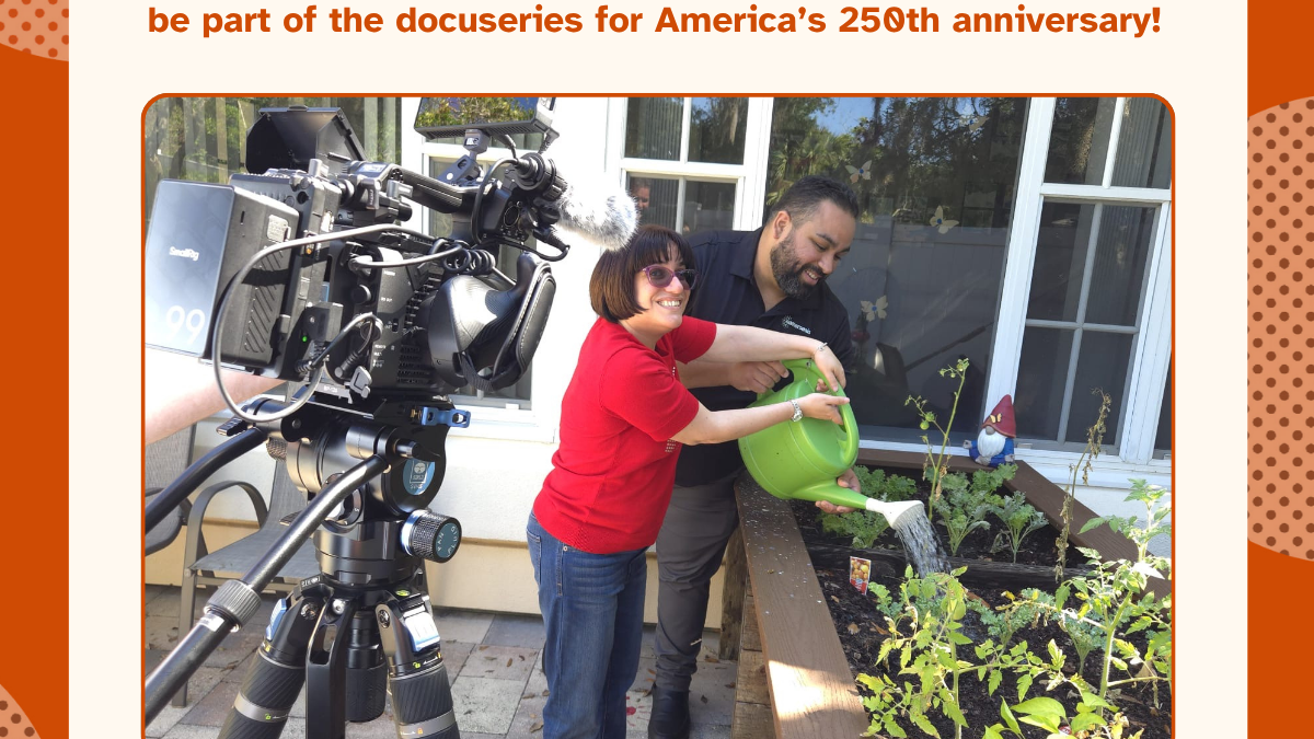 Denise Galgano and an Easterseals staff member tend to a garden during filming of an Easterseals short documentary exploring the vital role of family caregivers. The film is included in a docuseries marking America’s 250th anniversary.