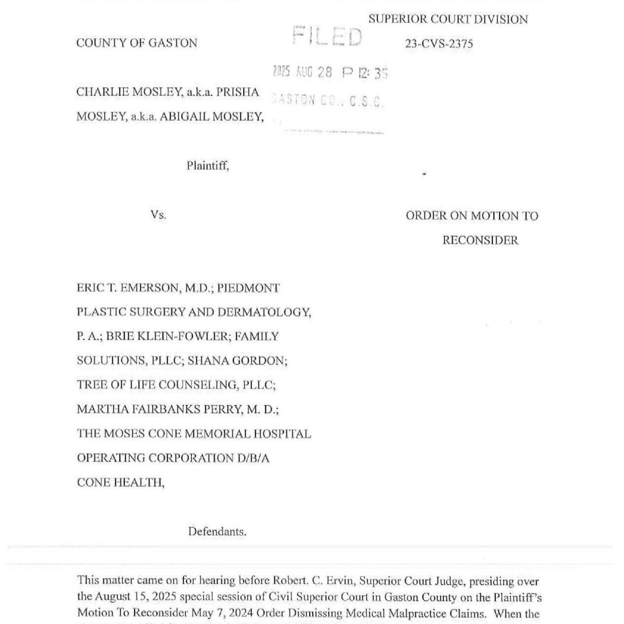 FNF - NC - Lawsuit Mosley v Emerson Trial Court Ruling Aug 25 2025