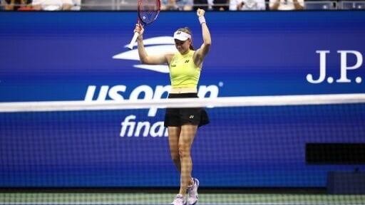 Kazakhstan's Elena Rybakina celebrates after beating Aryna Sabalenka to win her third Grand Slam title at the US Open