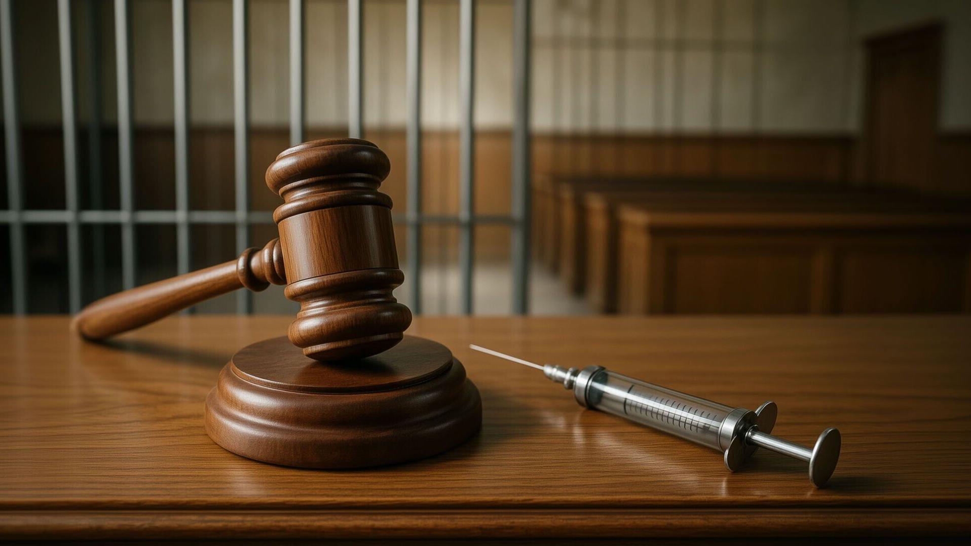 Gavel and syringe on courtroom table symbolizing death by lethal injection with sodium thiopental for capital punishment, justice decision, law enforcement, and ethical legal execution concept