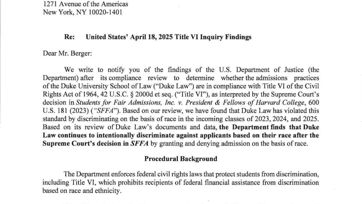 FNF - NC - US DOJ CRD Letter To Duke University Law