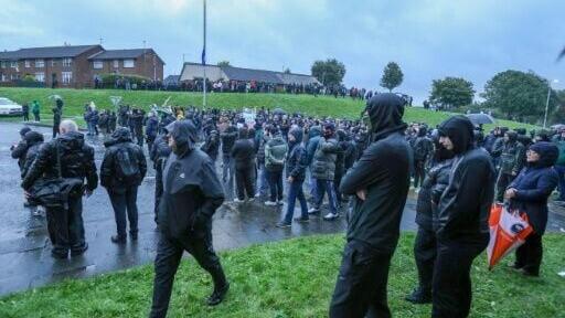 Protesters gathered to block a parade of marchers from the Orange Order going along a road through the mainly nationalist area of the town of Portadown, Northern Ireland