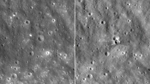 The moon's surface before (L) and after (R) it was struck by a SpaceX rocket leaving a crater that is 60 feet wide and 10 feet deep