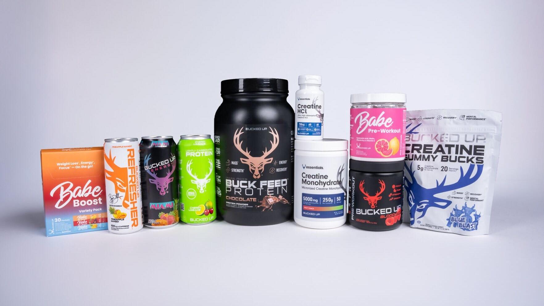 Babe ™ Boost Variety Pack, Bucked Up® Refresher™ Energy Drink, Bucked Up® Energy, Bucked Up® Protein soda, Buck Feed™ Original Protein, Bucked Up® Creatine HCl, Bucked Up® Creatine Monohydrate, Babe ™ Pre-Workout, Bucked Up® Pre-Workout, Bucked Up® Crea...