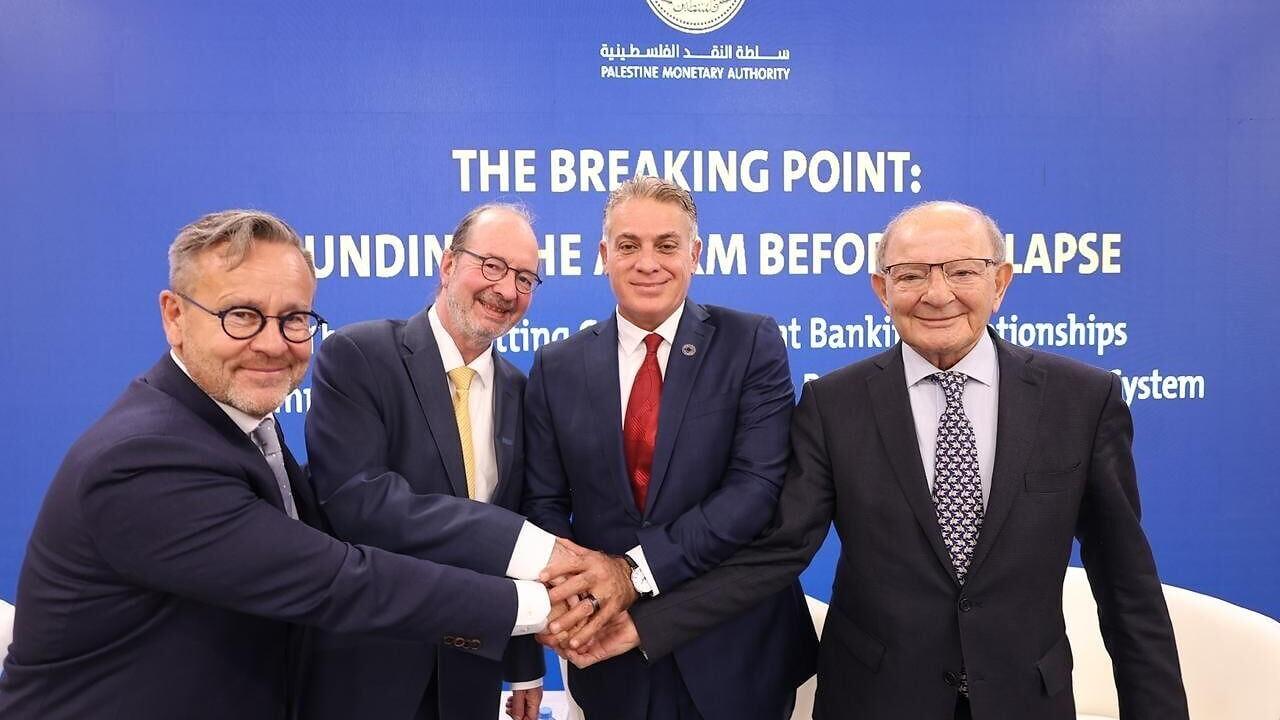 First from the right: H.E. Mr. Maher Al-Masri, Chairman of the Association of Banks in Palestine
Next to him: H.E. Governor Yahya Shunnar, Governor of the Palestine Monetary Authority
Next to him: Mr. Tobias Roy, Resident Representative for the West Ban...