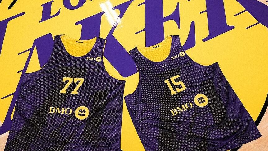 Lakers' newly designed practice jerseys featuring the BMO logo.