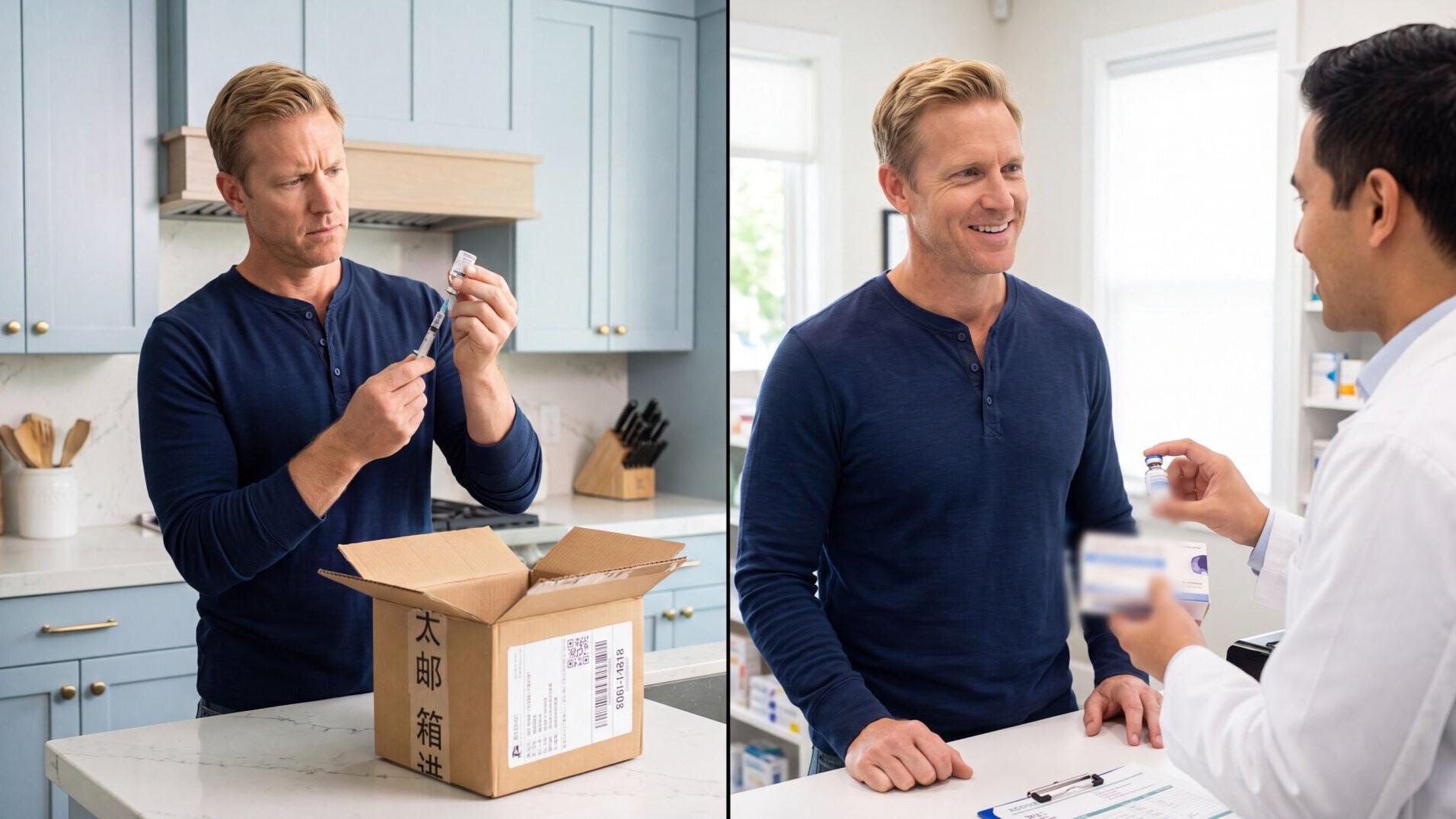 Illustration: Peptide Roulette versus a legal alternative. At left, an American draws a dose from an unlabeled vial shipped by an overseas grey-market seller; at right, the same man receives a properly labeled peptide prescription from a licensed U.S. p...