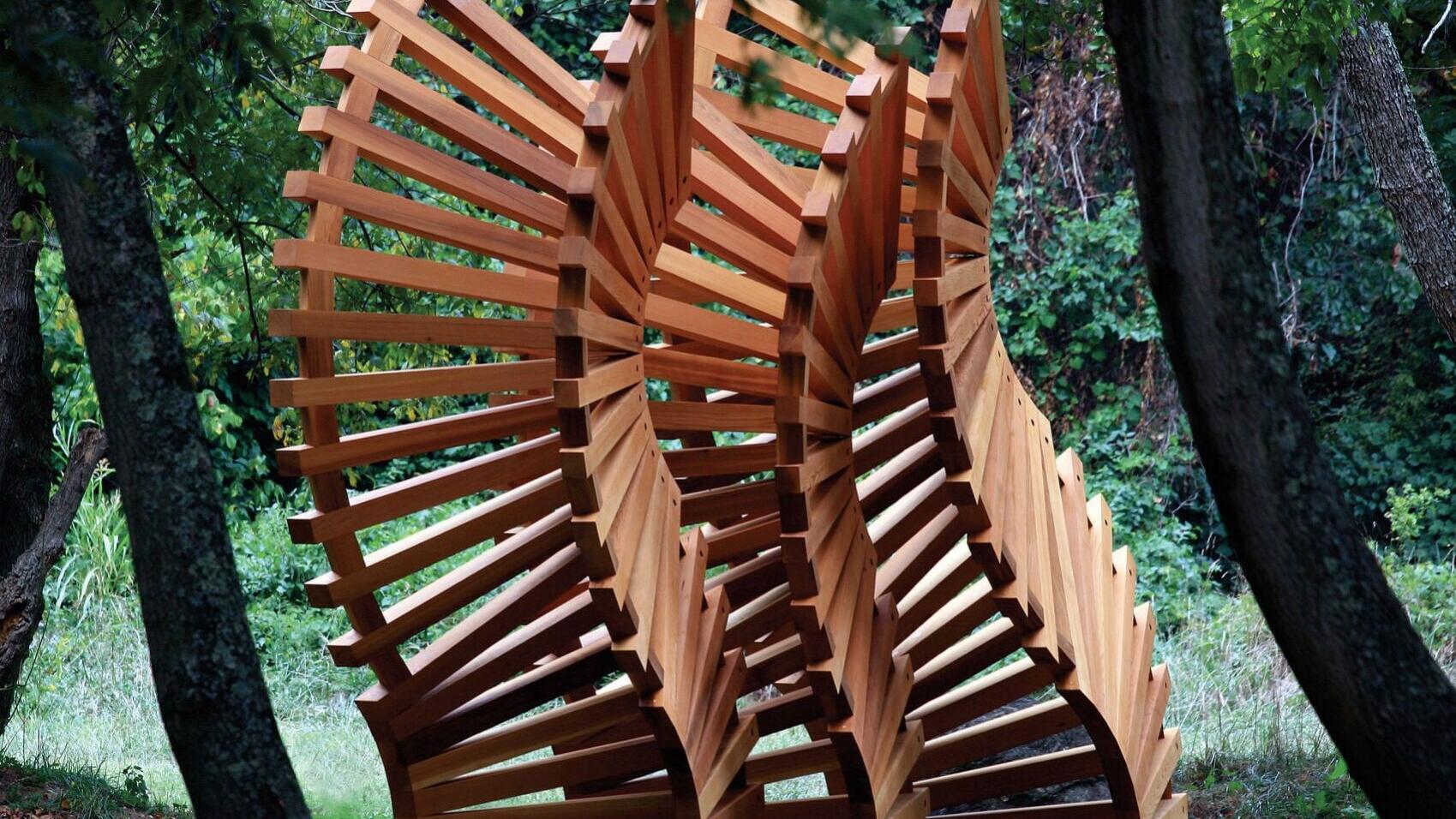 "Look Homeward Angles" by Robert Winkler Medium: Western red cedar and steel Location: Private collection, Asheville, NC