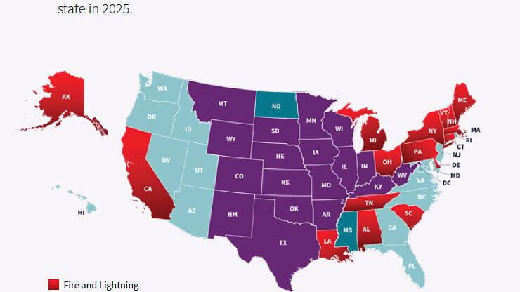 Map showing the highest-cost property loss peril by state in 2025.