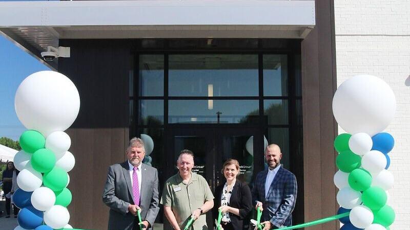 From left: Kevin Gordon, board chair, Cleveland County Government; Stan Anthony, mayor of Shelby; Carrie Strobel, chief human resources officer, Greenheck Group; and Ben Miller, chief revenue officer, Premise Health, participate in the ribbon-cutting ce...