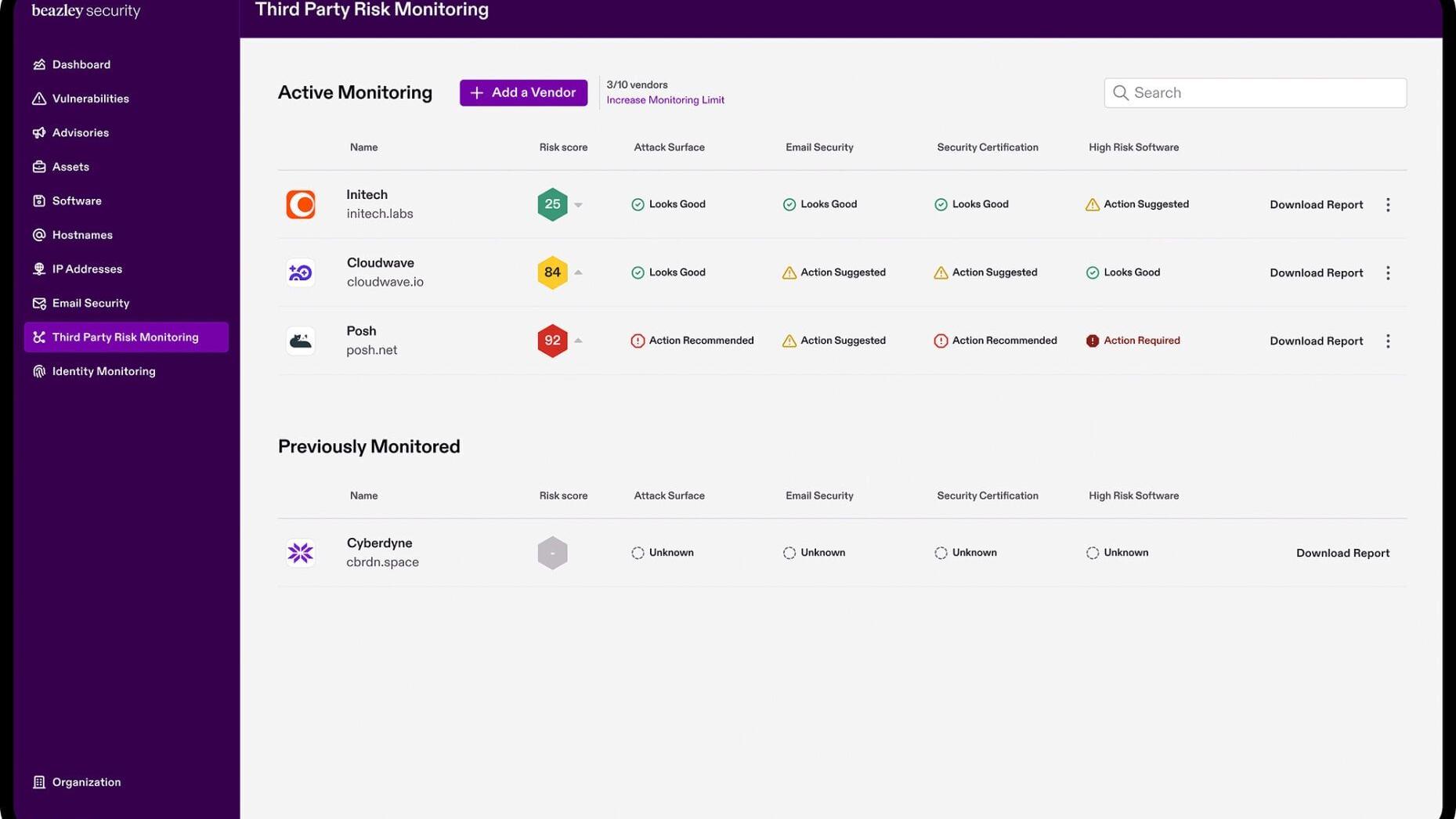 Beazley Security empowers clients to monitor key vendors and suppliers for potential risk factors, producing a 0-100 risk score based on specific business context that the client provides. This scales the potential risk to the situation and gives client...