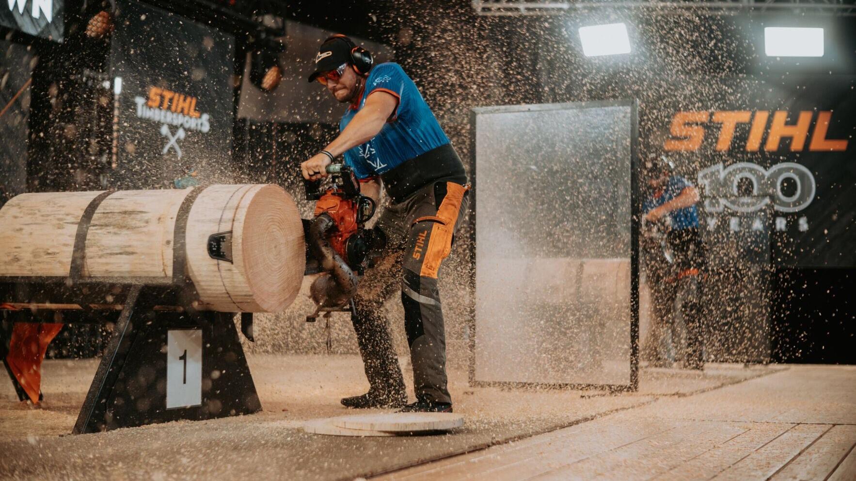 Matthew Slingerland competes in the Hot Saw discipline before capturing the inaugural STIHL TIMBERSPORTS® Hot Saw Showdown title.