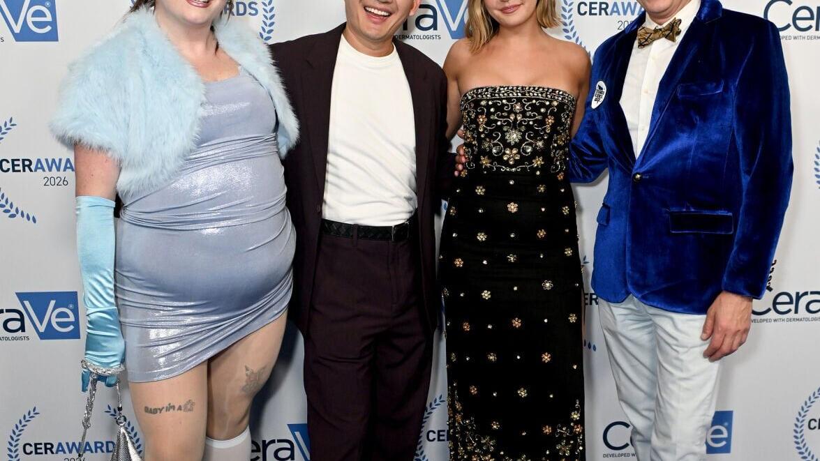 LOS ANGELES, CALIFORNIA - JUNE 04: (L-R) Meg Stalter, Dr. Andrew Park, Bailee Madison, and Gene Colón attend the CeraVe Global CerAwards at The Wiltern on June 04, 2026 in Los Angeles, California. (Photo by Vivien Killilea/Getty Images for CeraVe)