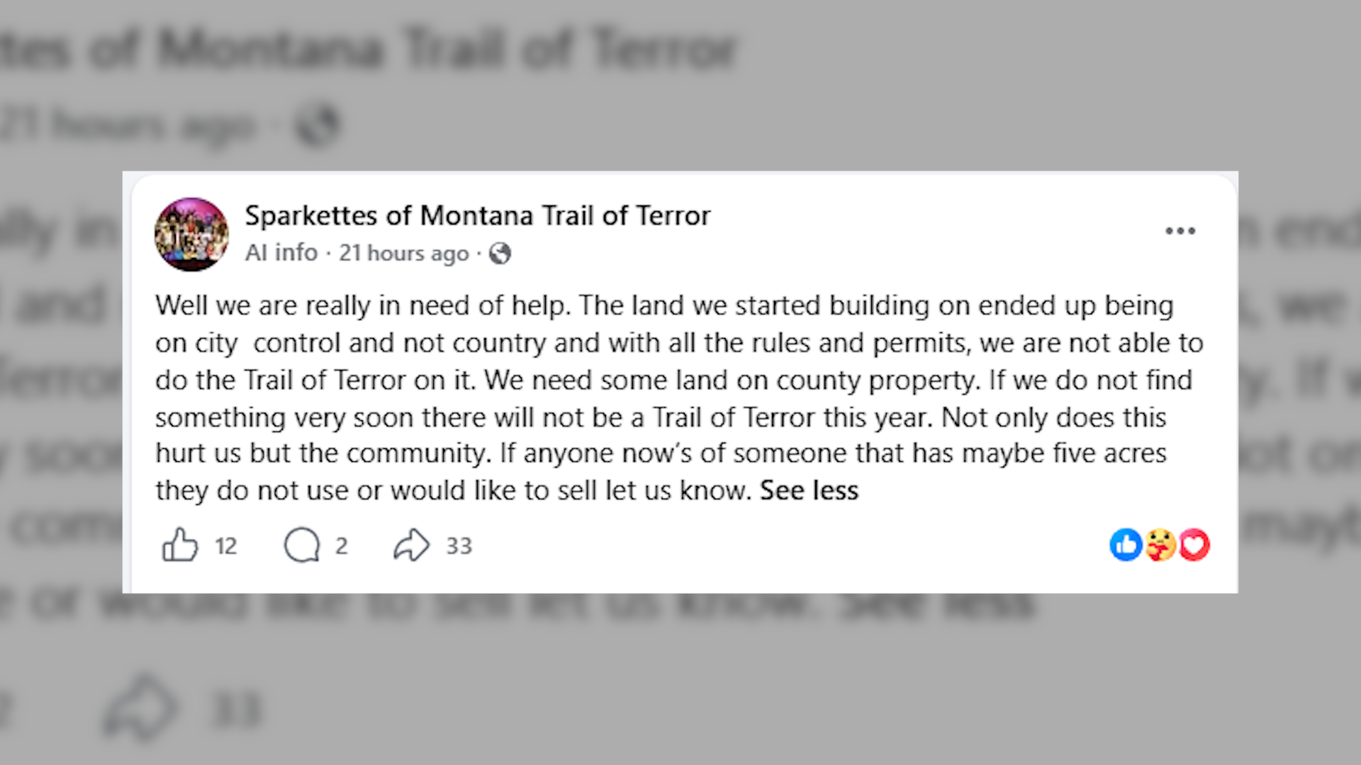 Sparkettes of Montana Facebook post ask for help