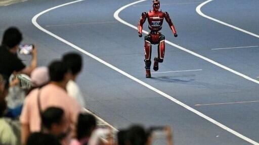 A humanoid robot competes on the first day of the 2nd World Humanoid Robot Games in Beijing on August 22, 2026