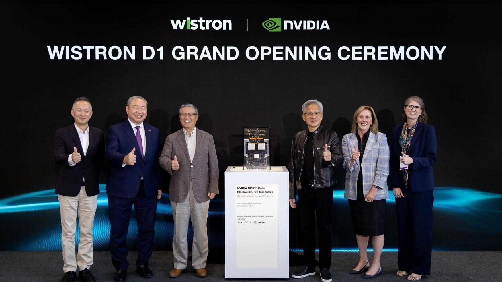 From left to right: Jeff Lin, President and CEO of Wistron; Alexander Tah-ray Yui, Taiwan’s Representative to the United States; Simon Lin, Chairman of Wistron; Jensen Huang, Founder and CEO of NVIDIA; Debora Shoquist, Executive Vice President of Operat...
